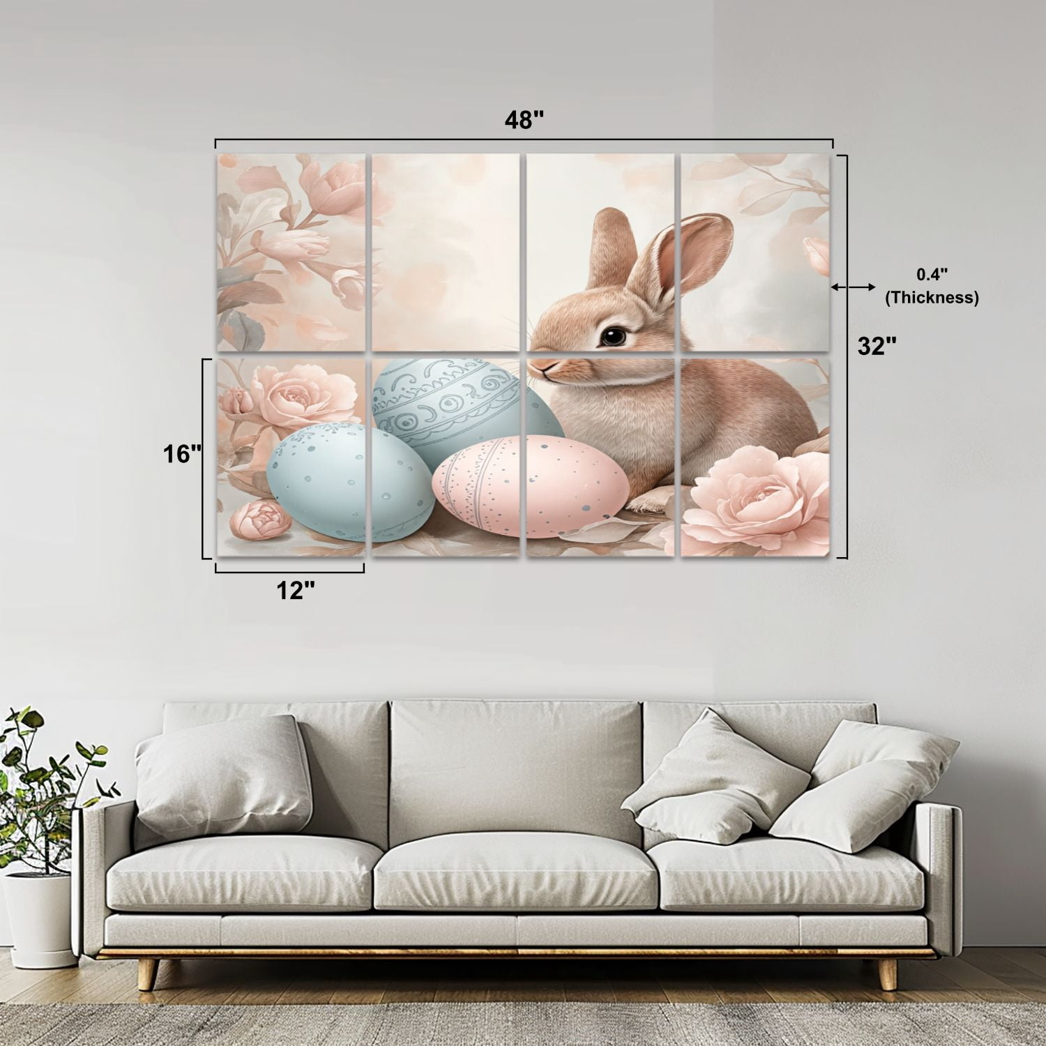 Bunny 8 Pack Art Acoustic Panels Sound Absorbing Bunny Easter Eggs vintage Decorative Soundproof Wall Panels Self Adhesive for Nursery Game Room Girls Bedroom 48"x32"