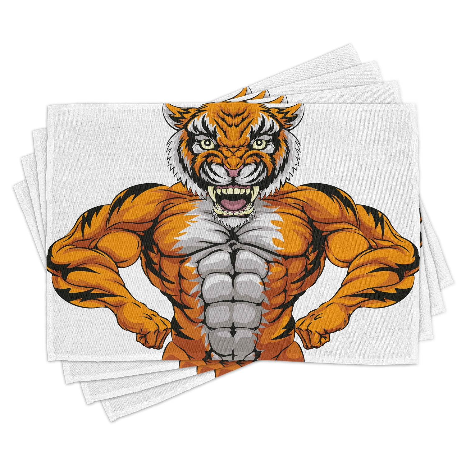 Animal Placemats Set of 4 Wildlife Safari African Animal Bodybuilder Tiger Cartoon Image, Washable Fabric Place Mats for Dining Room Kitchen Table Decor,Marigold Pale Grey and Black, by Ambesonne Animal Placemats Set of 4 Wildlife Safari African Animal Bodybuilder Tiger Cartoon Image, Washable Fabric Place Mats for Dining Room Kitchen Table Decor,Marigold Pale Grey and Black, by Ambesonne