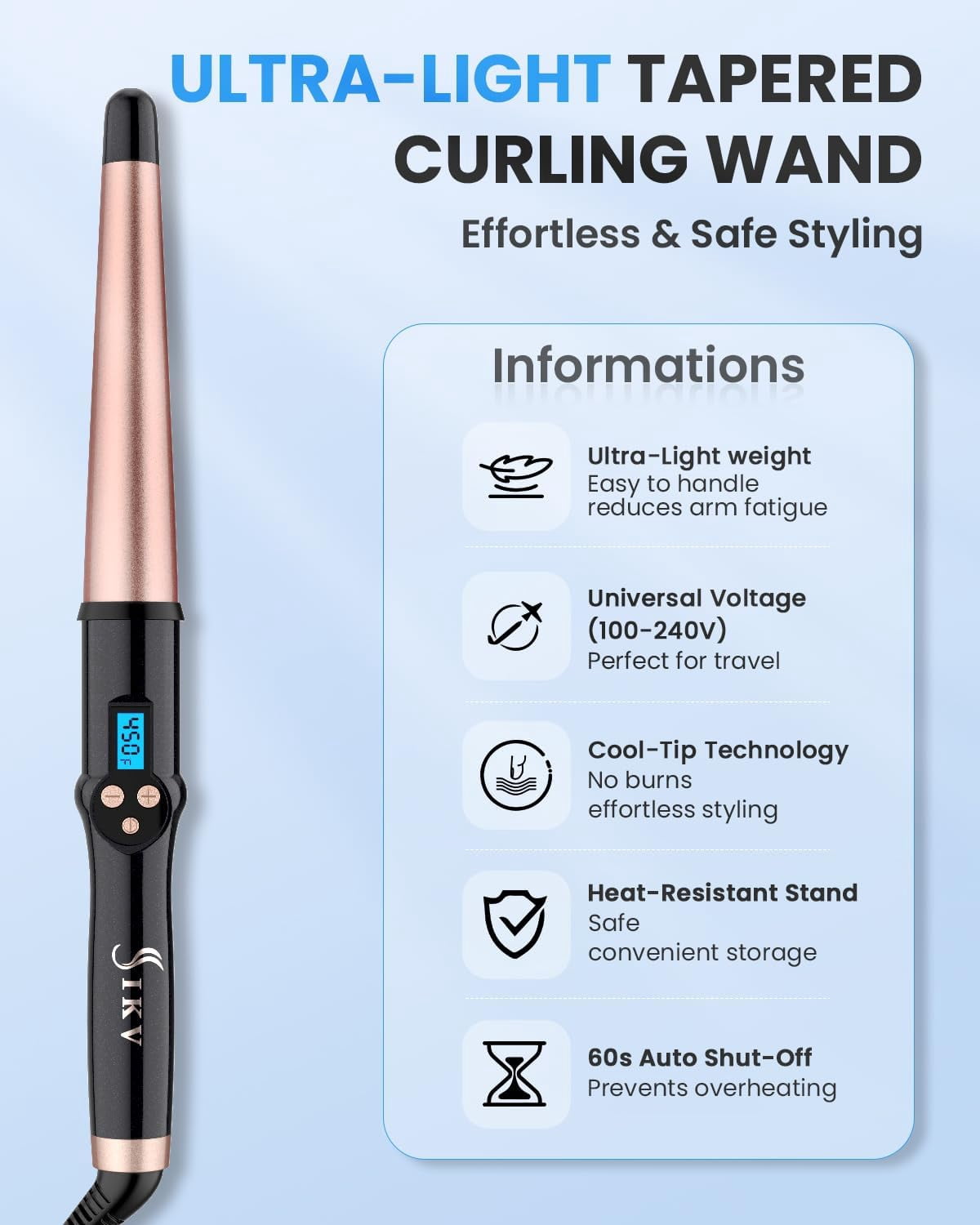 Ceramic Tapered Curling Wand 0.5-1 Inch Beachy Waves, 1/2-1 Inch Curling Iron for Long Hair,Dual Voltage Hair Wand Curler with LCD Display 225-450℉|Glove Include