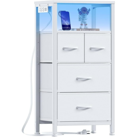 4 Drawer Dresser with Led Light and Charging Station, White Night Stand with Storage Shelf and Fabric & PVC Drawer, 33 Inch Bedside Table, Tall Nightstand for Entryway, Bedroom Furniture