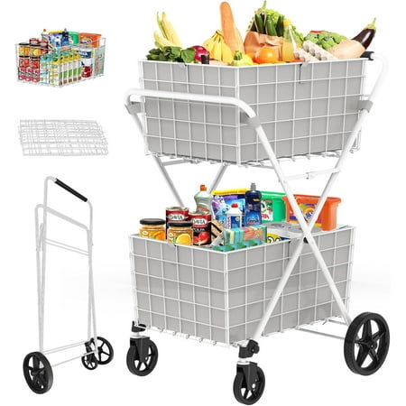 2-Tier Shopping Cart for Groceries, Folding Grocery Cart with 360° Rolling Wheels, Heavy Duty Utility Carts with 2 Waterproof Liners, Multi-Functional Trolley for Laundry, Household, White