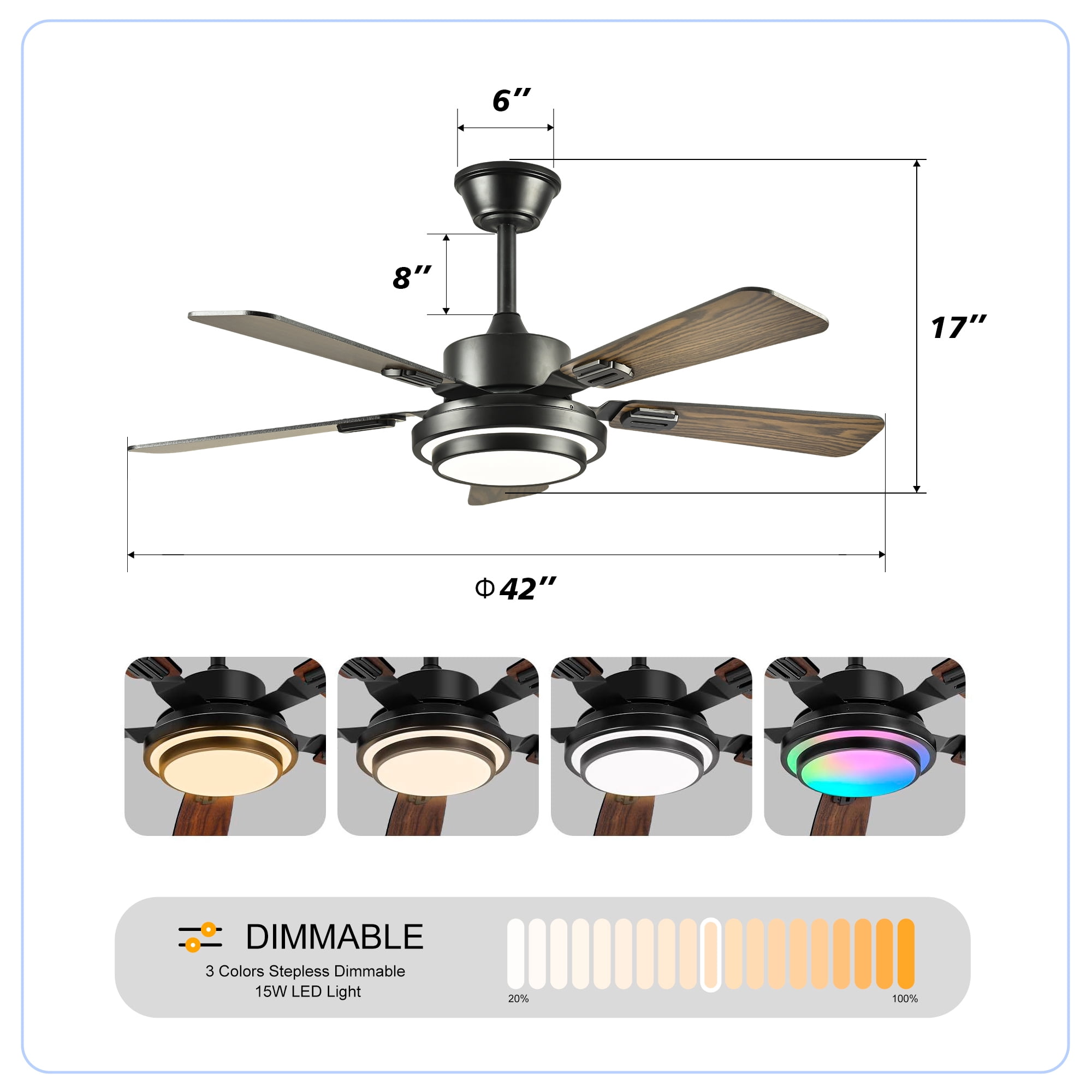 Leumius 42"Ceiling Fan with LED Light, 3000-6500K Dimmable,Quiet DC Motor Ceiling Fans 6 Speed Levels,Reversible Ceiling Fan for Patio Living Room Bedroom Office