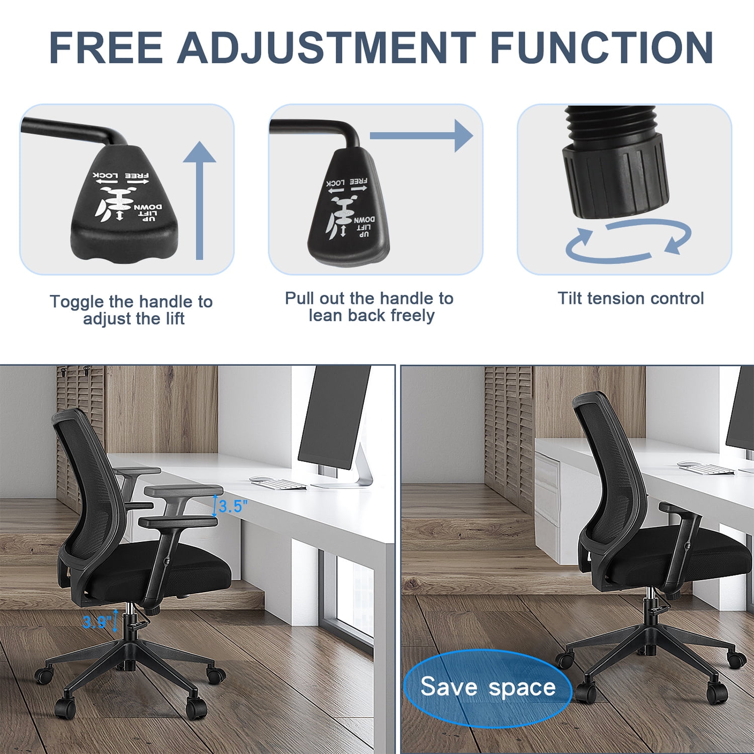 Ergonomic Office Chair - High Back Desk Chair with Adjustable Lumbar Support, Headrest & 3D Armrest - 135°Rocking Mesh Computer Chair (Black)