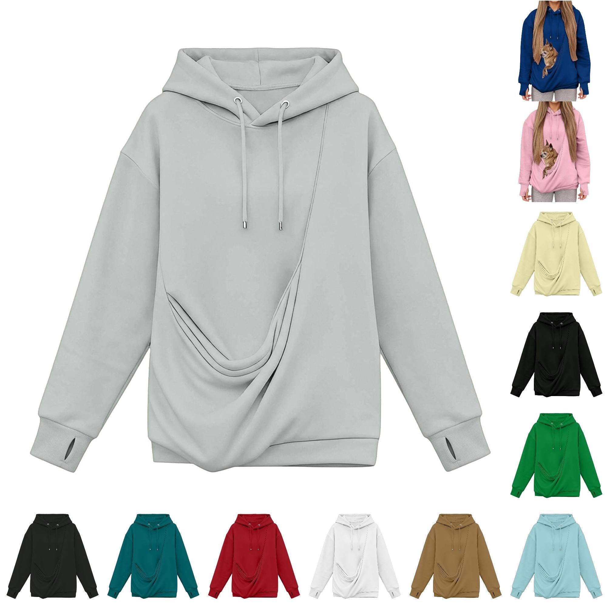 WERYOUNG Womens Pet Pouch Hoodies Long Sleeve Solid Color Drawstring Hooded Sweatshirt ladies Comfortable Fall Winter Clothes For Women Size L