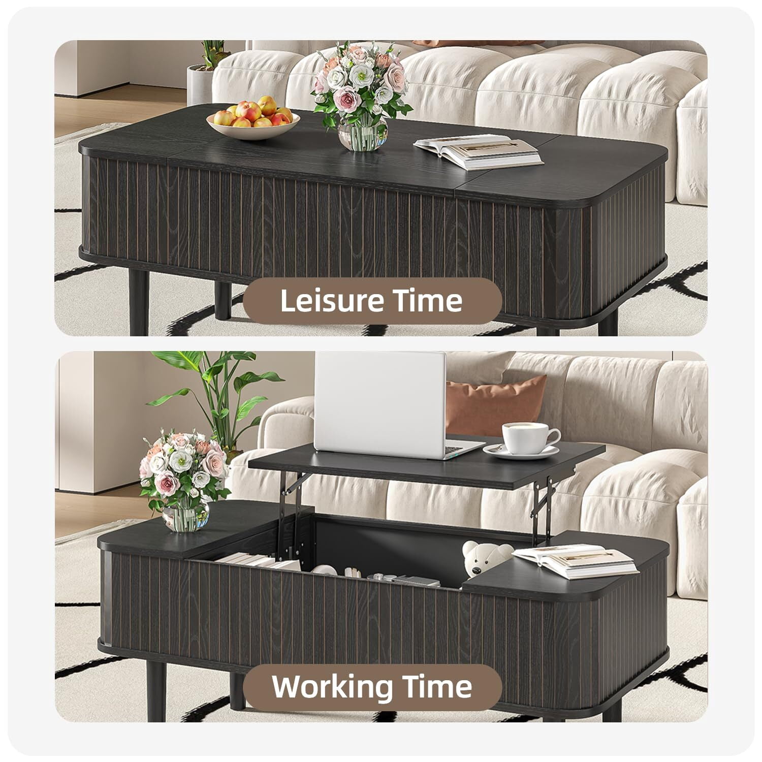 Fsbecl Mid-Century Modern Rectangle Wood Coffee Table with Storage, Black