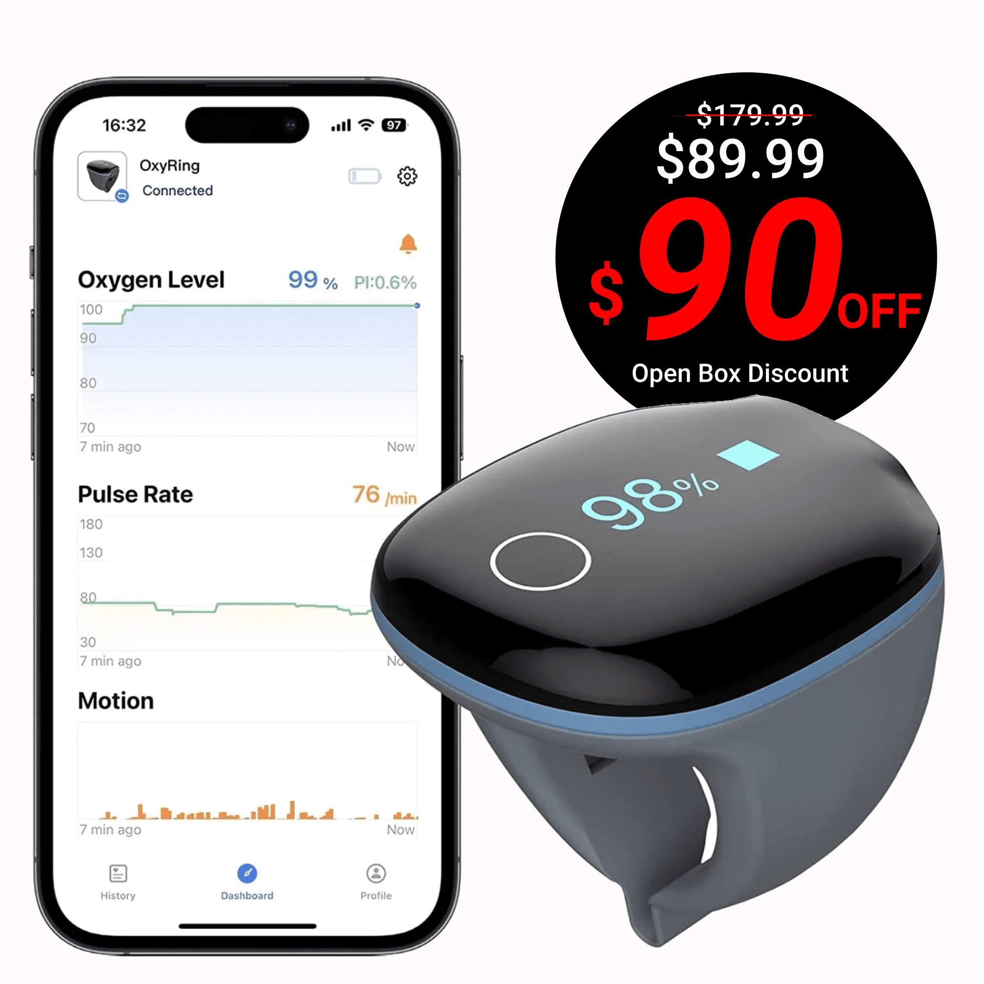 Open Box Wellue O2Ring Continuous Pulse Oximeter - Bluetooth Oxygen Monitor with Vibration Reminder & Free PC Report, Wearable Finger Oxygen Meter for Athlete/Fitness
