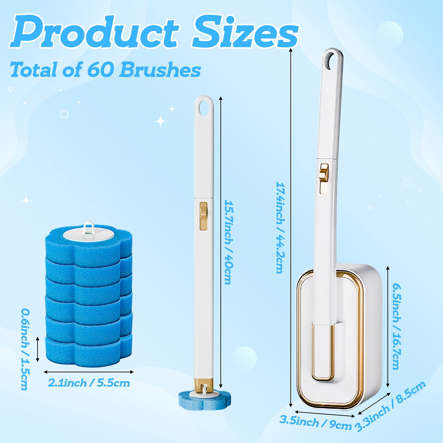 Belanttega 1Pcs Disposable Toilet Brush Cleaning System with 60pcs Refills Pads Replacement Heads, Toilet Cleaning Stick, Wall Mounted Toilet Wand Kit for Bathroom Toilet Brushes & Holders