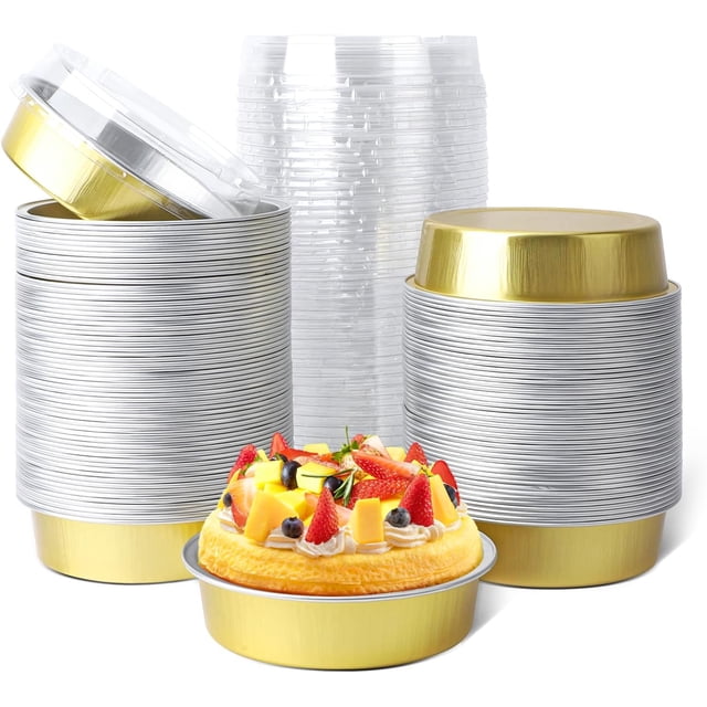 Mini Ramekins with Lids oz Disposable Aluminum Foil Cake Baking Tins Pans Creme Brulee Tart Pie Tins Silver Small Individual Round Containers Oven for Baking