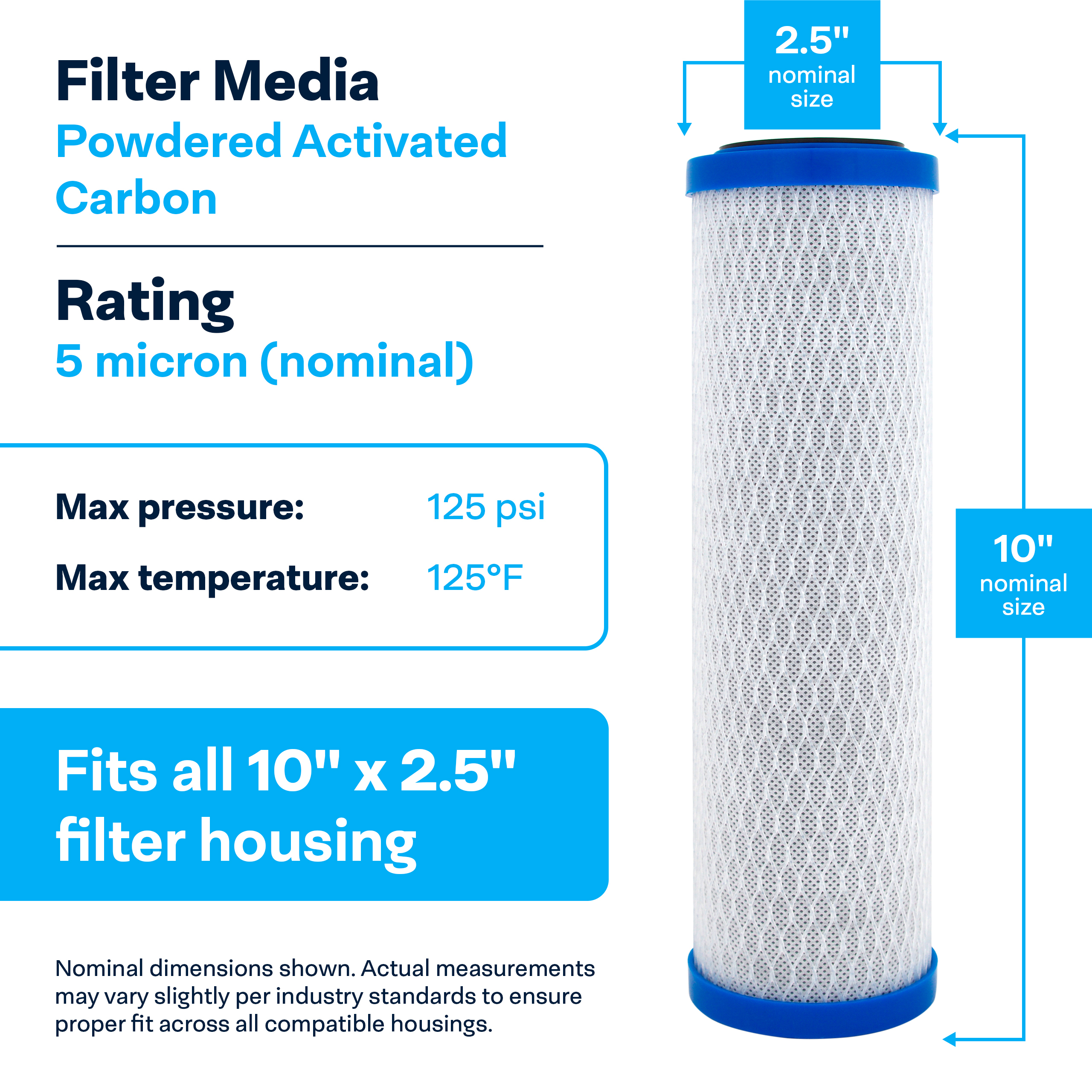 SpiroPure SP-EP-10 10x2.5 5 Micron NSF Certified Coconut Shell Carbon Block Water Filter Cartridge EP-10 155531-43 CB-25-1005 (Case of 12)