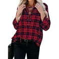 thumbnail image 2 of One opening Women Juniors Casual Long Sleeve Loose Shirt, Lapel Plaid Placket Front Blouse, 2 of 6