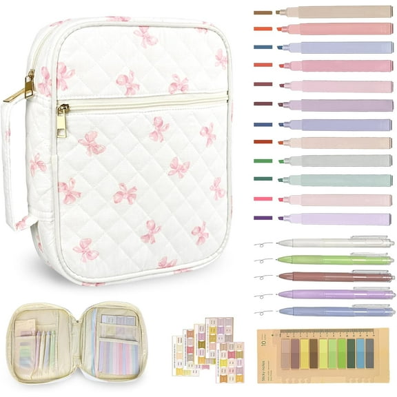 Bible Cover Case for Women,Bible Study Supplies Accessories,Bible Journaling Kit,Pink Flower Carrying Case with Highlighters - Pink Bow