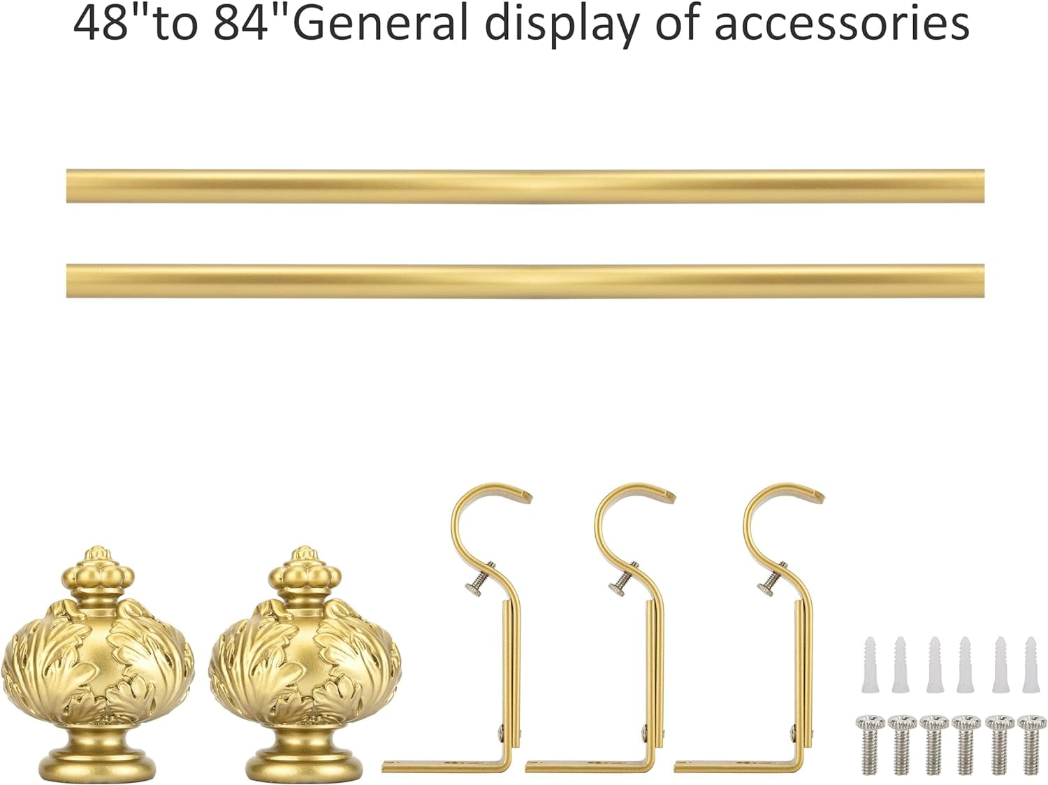 eTeckram 1" Single Curtain Rod with Albert Finials and holdbacks (48''-84'',Gold)