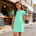 thumbnail image 2 of FAIWAD Girls Ruffle Sleeve Dress Kids Summer Crew Neck Pleated Front Casual Dress Solid Color A Line Sundress, 2 of 8