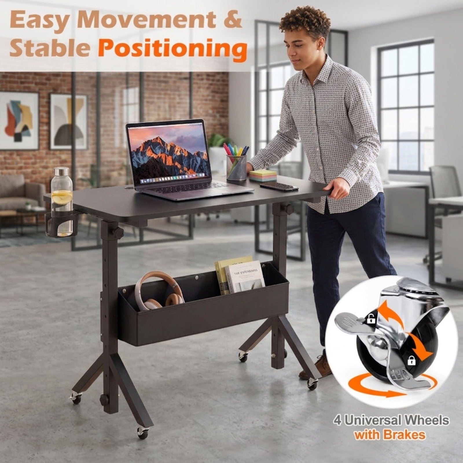 Furnibear Mobile Standing Desk and Height Adjustable Rolling Laptop Desk with Cup Holder Storage Basket and Locking Wheels for Small Spaces, Black