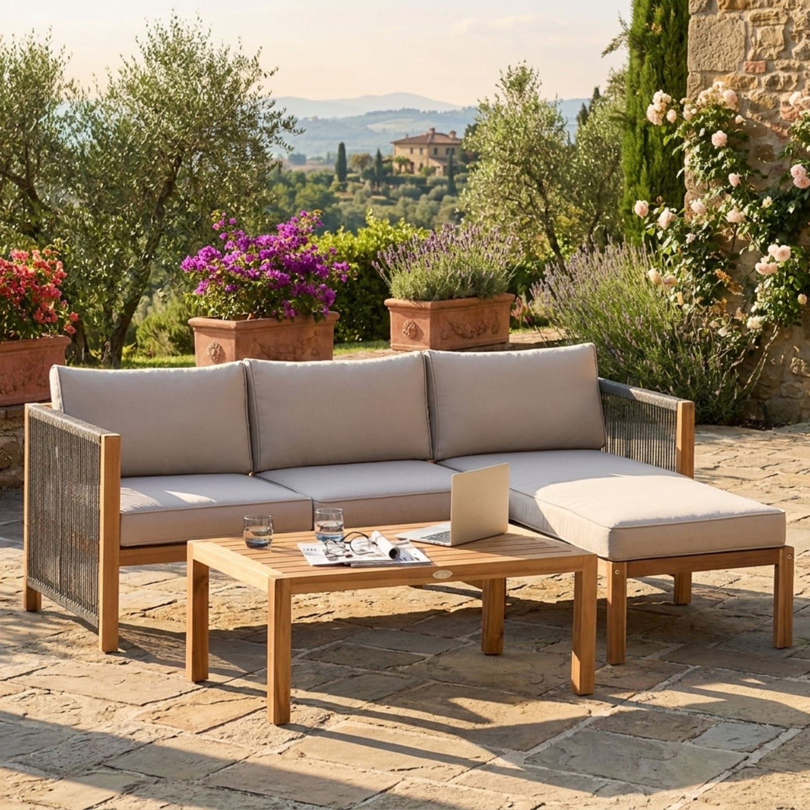 Furnibear 3 Pieces Patio Furniture Set Outdoor Acacia Wood Conversation Sofa Set with Nylon Rope Armrest and Thick Padded Cushions for Backyard Garden Deck, White