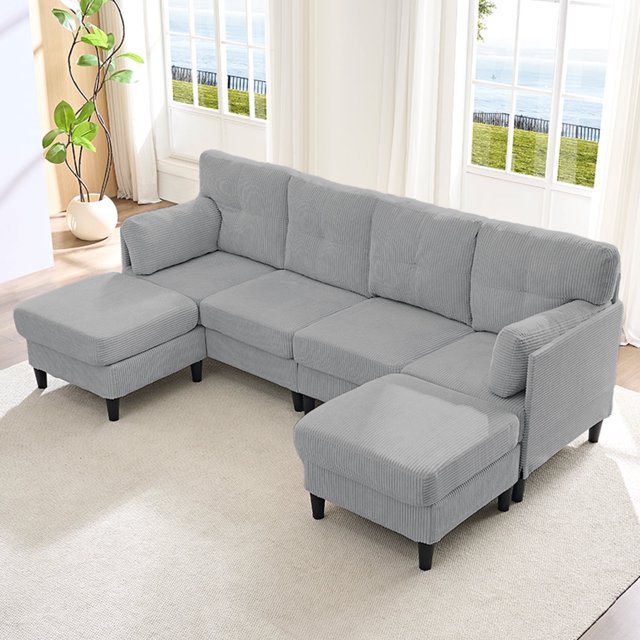 Puremind U Shaped Sofa with 2 Movable Ottomans, Corduroy Modular Sectional Couch for Living Room/Apartment, Light Grey