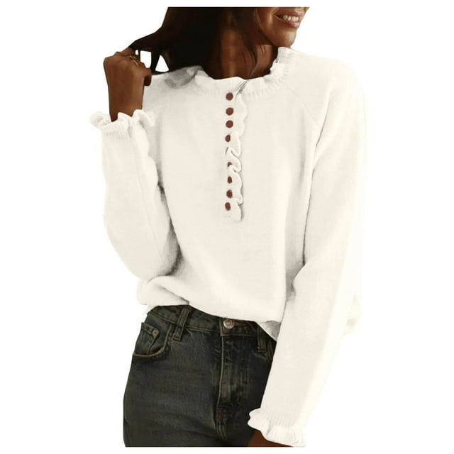 Gibobby Suéter de Punto Suéter de manga larga con cuello Rojoondo para mujer Suéter de botón de color sólido informal Suéter de punto con volantes (Beige, S)