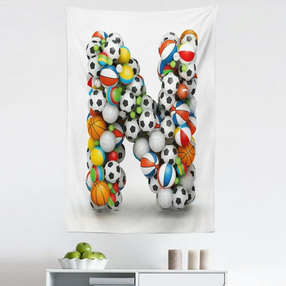 Letter N Tapestry, Sports Equipment Football Volleyball Tennis Ball Capital N Alphabet Design, Fabric Wall Hanging Decor for Bedroom Living Room Dorm, 5 Sizes, Multicolor, by Ambesonne