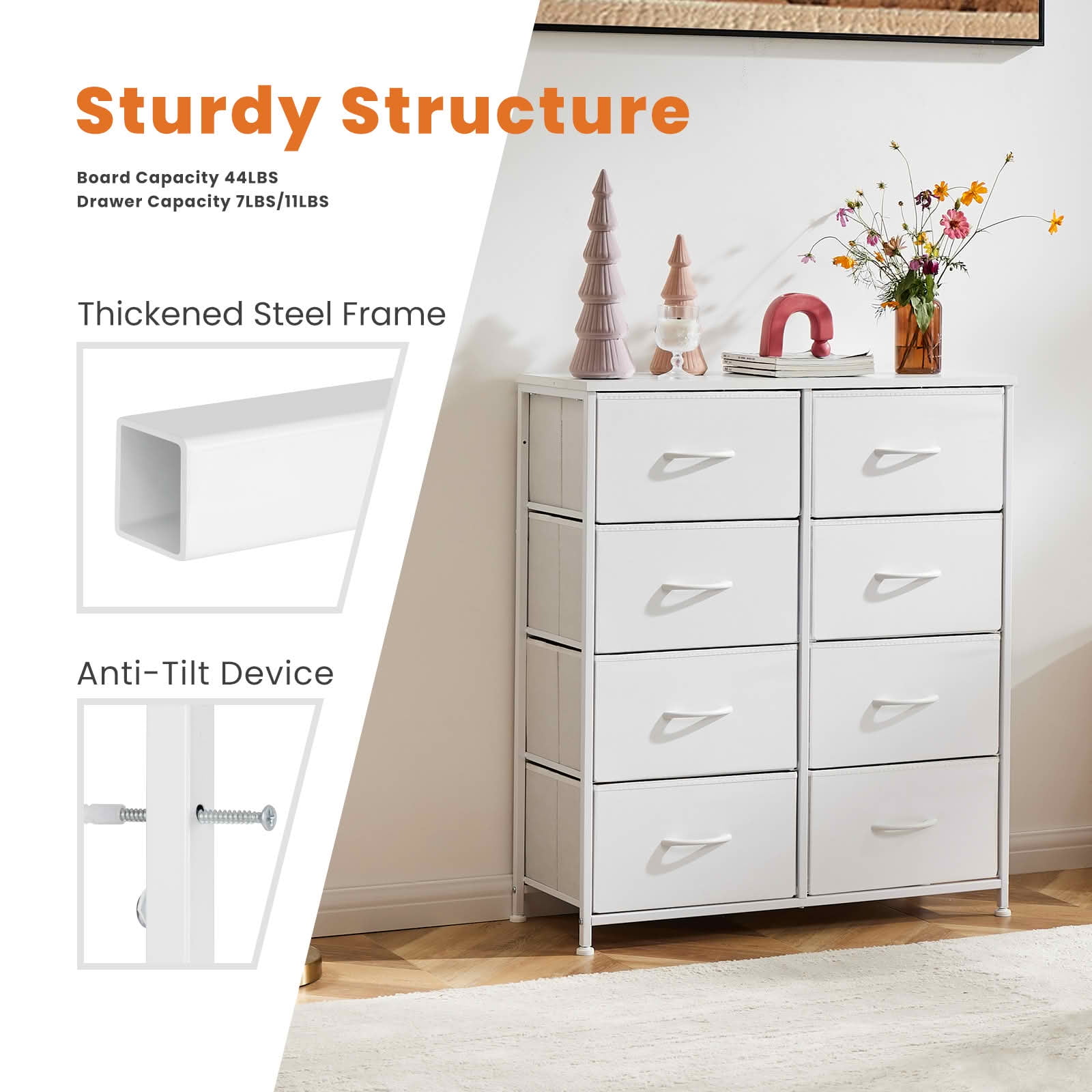 MAYEERTY 8 Drawer Dresser, Fabric Storage Dresser for Bedroom, Living Room, White
