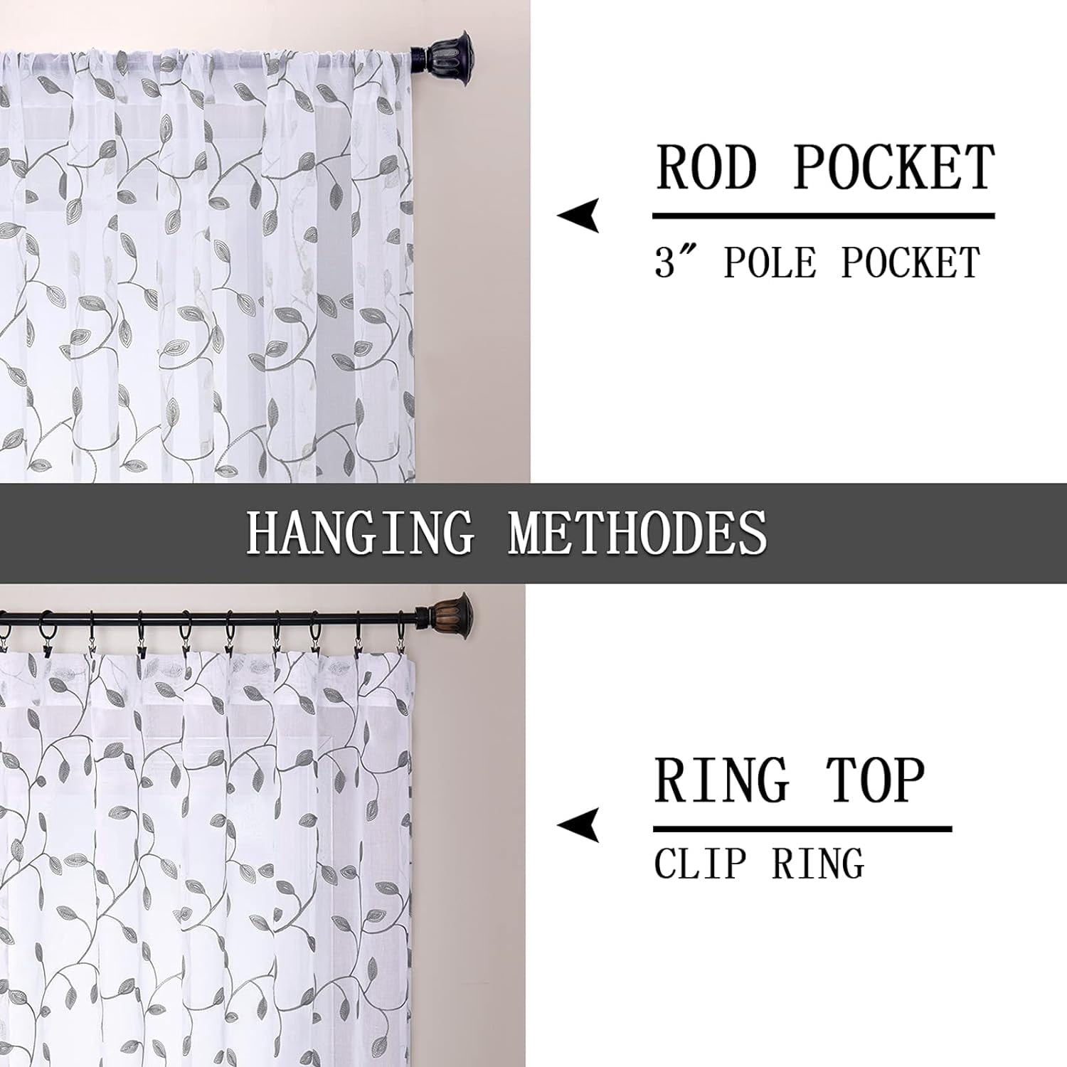 Sunyuer Leaves Short Sheer Curtains Grey Leaf Embroidery Curtain Rod Pocket Voile Faux Linen Embroidered Leaves Curtains for Bedroom Living Room, 52W X 63L inch, Set of 2 Panels, Grey
