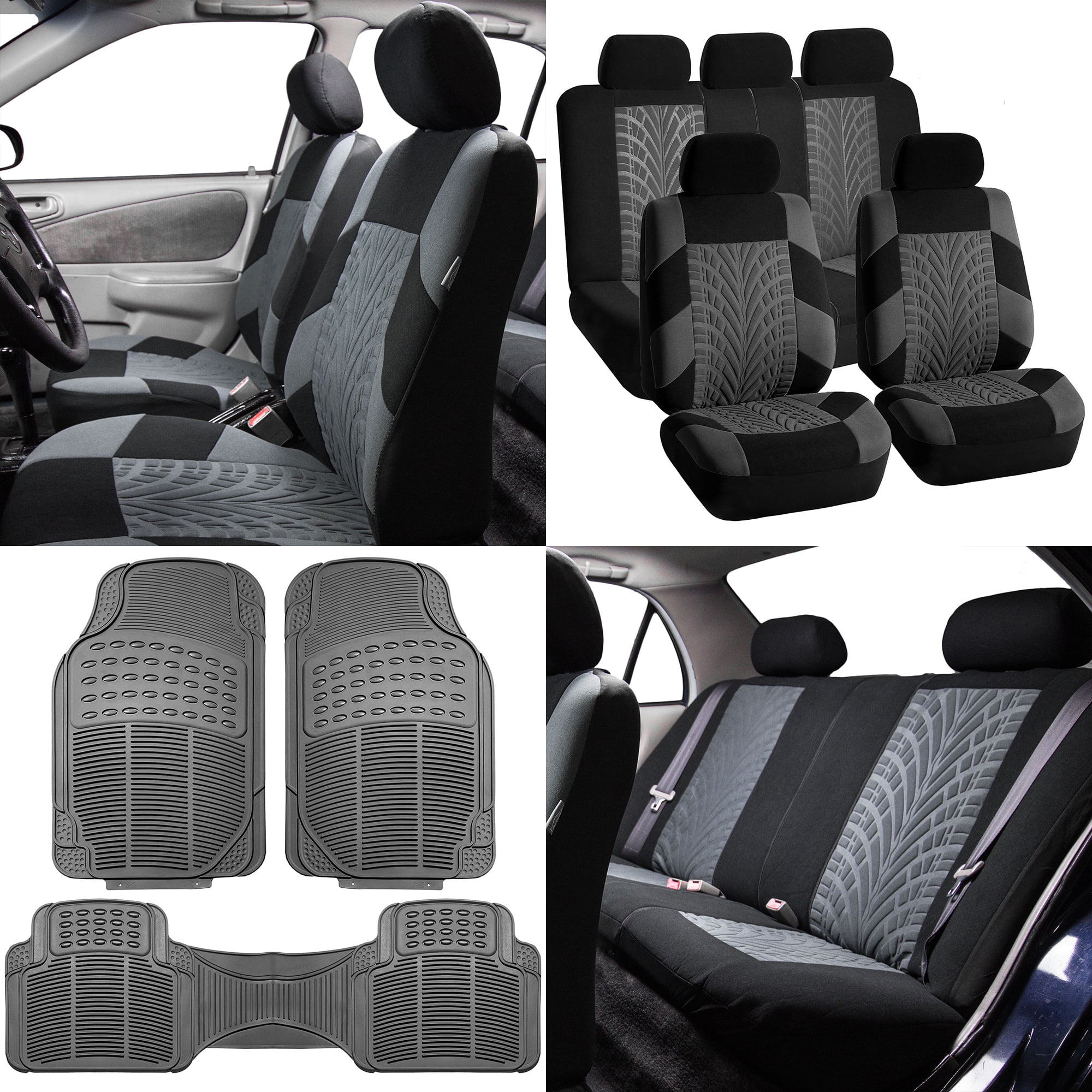 Rubber Floor Mats and Steering Wheel Cover Combo Set Two Tone Seat Cover 