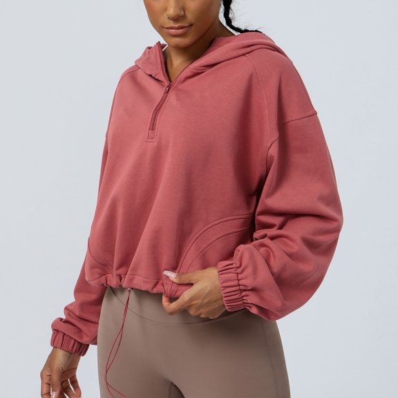 Wyongtao Hoodie Jackets for Women 1/2 Zip Crop Top Lightweight Stand Collar Sports Loose Yoga Sweatshirts,Red XL