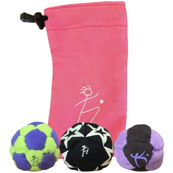 DirtBag Classic Footbag - 3 Pack with Carry Pouch Hacky Sack - Slow Speed Control for Beginners & Freestyle - Embroidered Design