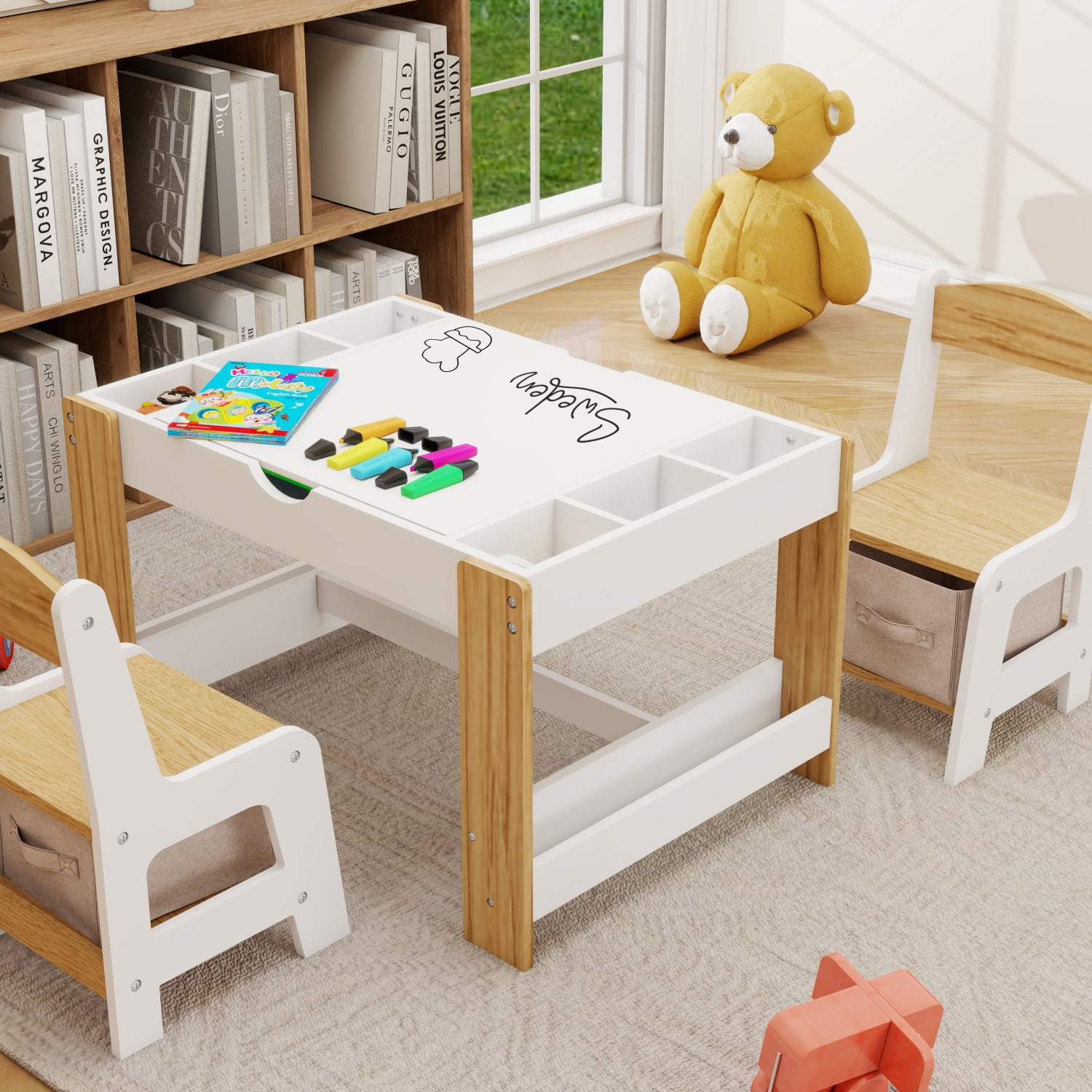 Kids 2 in 1 Play Table & 2 Chairs Set, with 7 Storage Compartments, Compatible with LEGO Building Block, Modern Activity Learning Table Game Furniture White