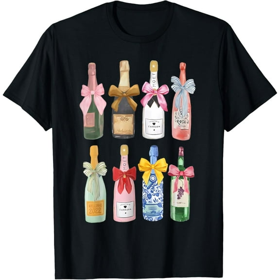 Christmas Champagne T-Shirt Cool Glass Coquette Bottle T-Shirt men and women can wear, black, white, gifts