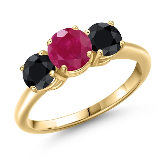 Gem Stone King 18K Yellow Gold Plated Silver Red Ruby and Black Sapphire Engagement Ring for Women | 2.38 Cttw | Round 6MM | Gemstone July Birthstone | Size 7