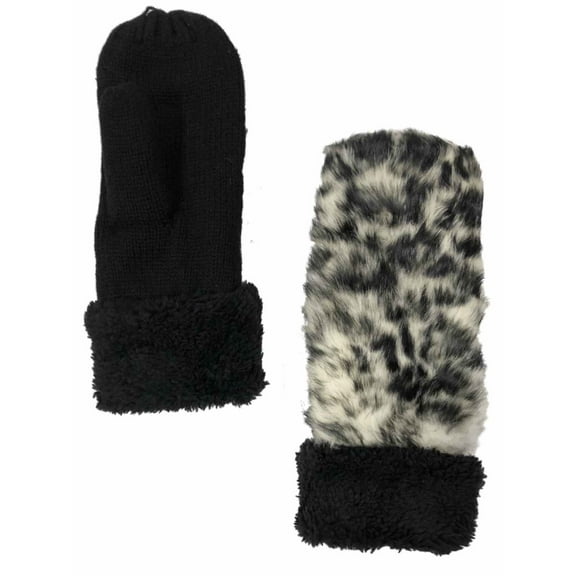 Womens Black & White Leopard Print Faux Fur & Knit Mittens Sherpa Lined