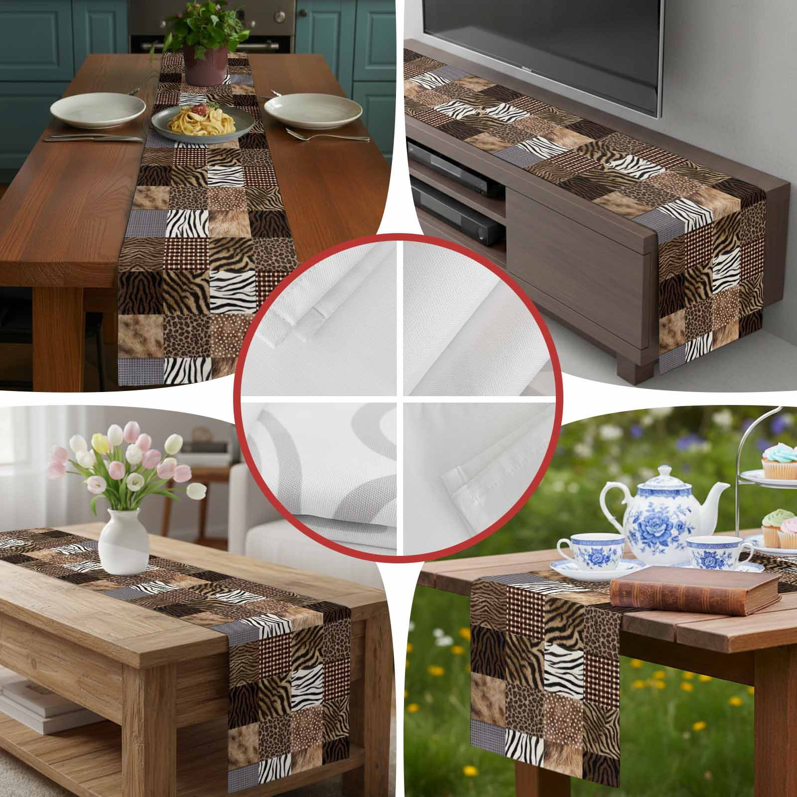 Animal Print Plaid Table Runner, Modern Geometric Leopard Print Washable Cotton Linen Table Runners 90 Inches Long, Dresser Scarf Runner for Dining/Coffee/Kitchen/Hallway Tables 13''x90''