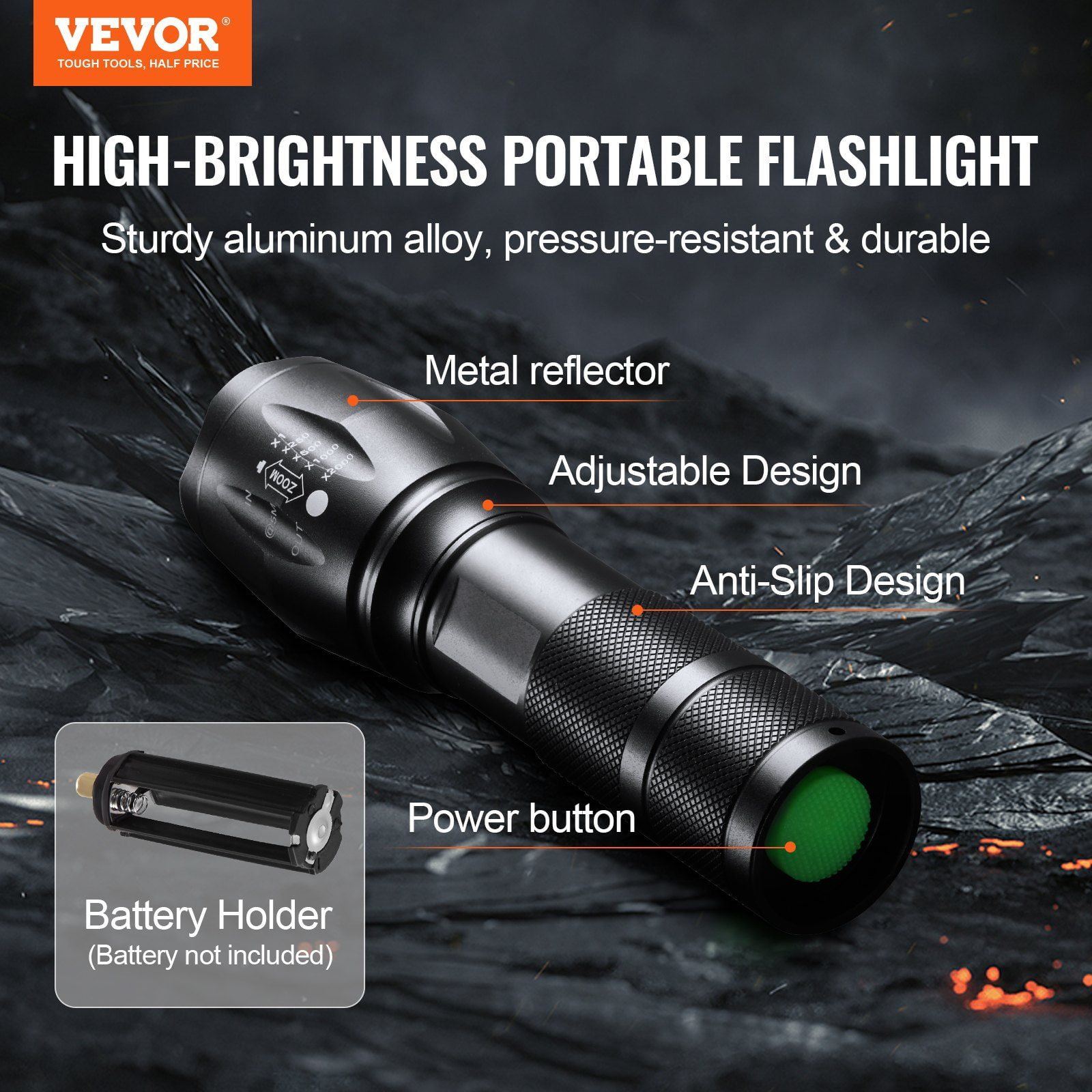 2-Pack 2000 Lumens Flashlight, 5 Modes & Adjustable Focus, High Lumens LED Flashlights for Camping, Hiking (Black)
