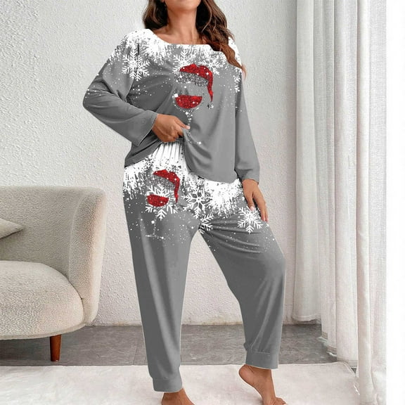 Abomasnow Christmas Pajamas for Women Set Oversized Long Sleeve Tops and Wide Leg Bottom Comfy Red Wine Glass Graphic Pj Sets XL-5XL
