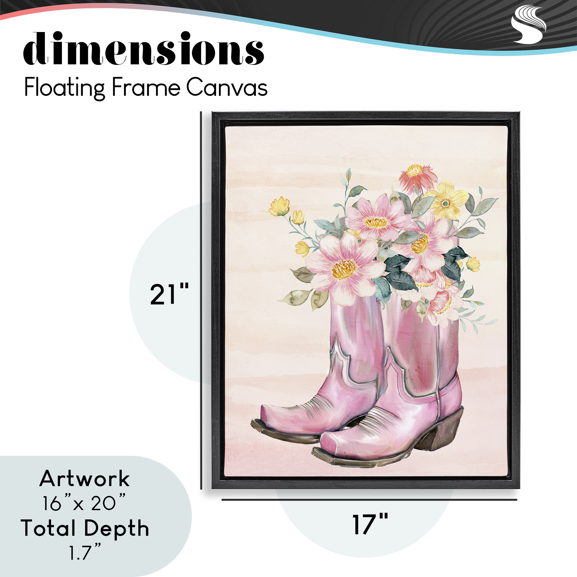 Wildflower Floral Boots Black Framed Floater Canvas Wall Art, design by Kim Allen