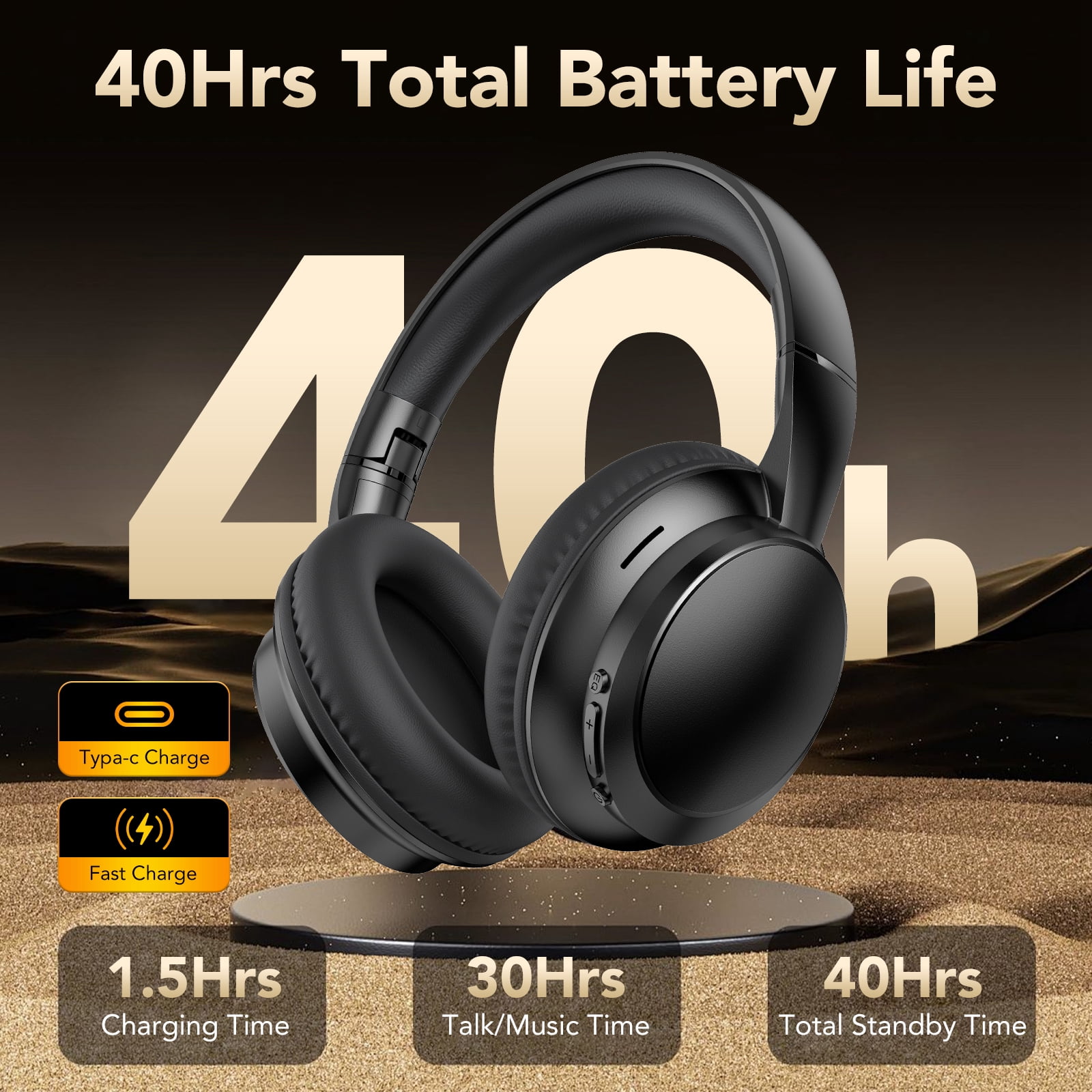 Wireless Bluetooth Headphones 5.4, 40H Playtime with 3 EQ Modes, 4 Micrs ENC Noise Cancelling for Clear Calls, Bass Boosted by 85%, Comfort Fit, Over Ear Headphones for Travel Home Office PC Black thumbnail 10
