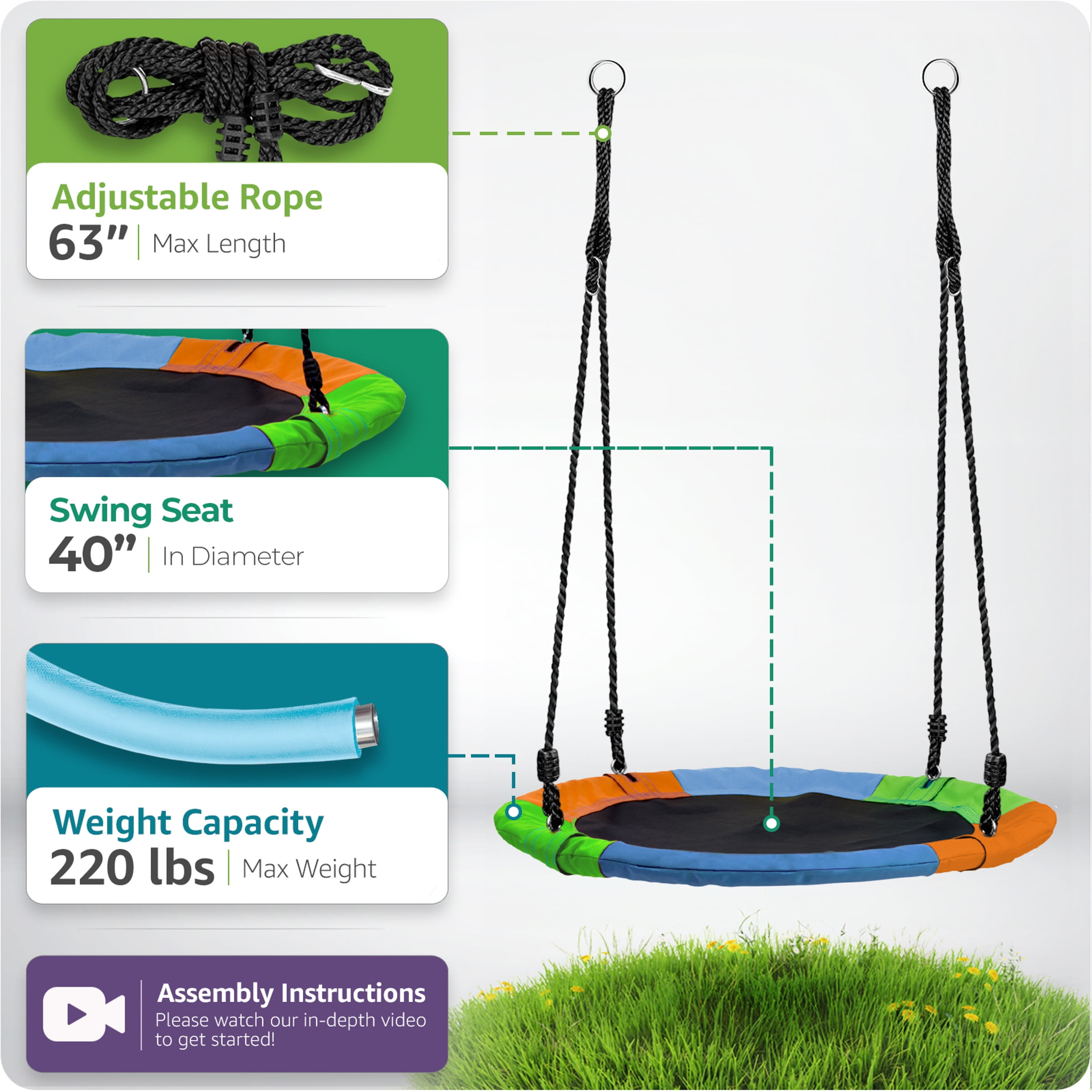 Sorbus 40" Round Saucer Tree Swing Multi-Color with Flags – Durable, Sturdy & Easy to Assemble