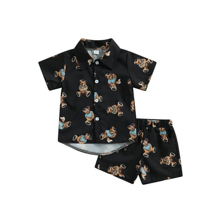 

Qtinghua Toddler Baby Boy Summer Outfits Cute Bear Print Short Sleeve Button Down Shirt Tops Elastic Waist Shorts Clothes Black 3-4 Years