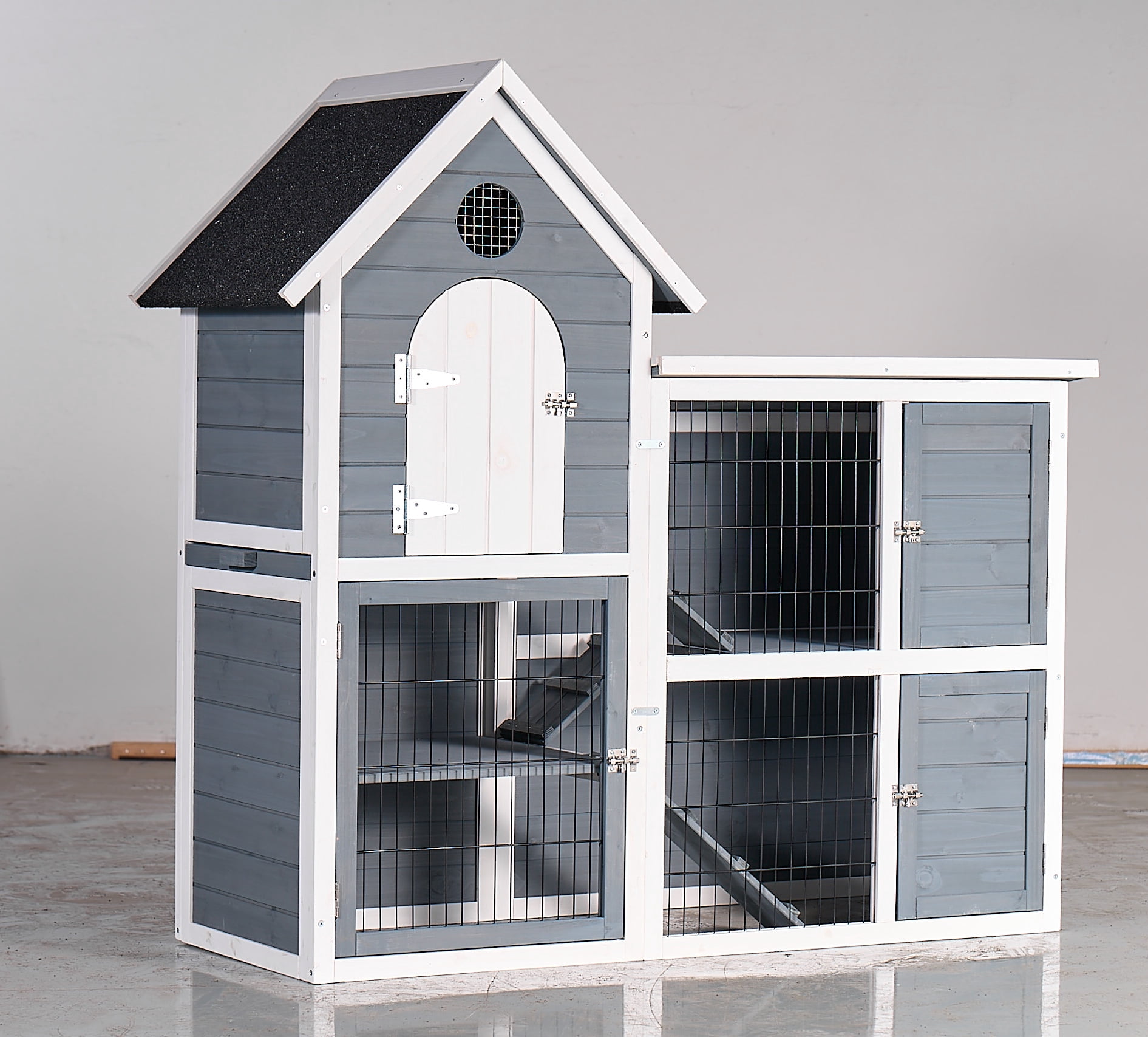 Izzovium Large Wooden Chicken Coop Cage with Pull-Out Tray, 2-Story Rabbit Hutch Waterproof Roof for Outdoor Use, 51x48 Inch, Grey & White