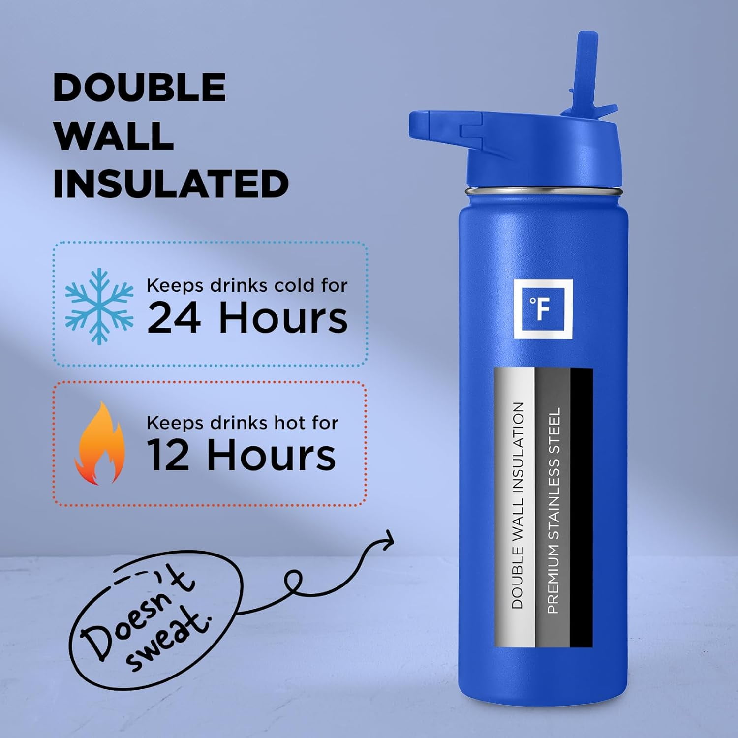 IRON °FLASK Camping & Hiking Hydration Flask, Wide Mouth, 3 Straw Lids, Stainless Steel Outdoor Water Bottle, Double Walled, Insulated Thermos, Metal Canteen - Cobalt Blue, 22 Oz