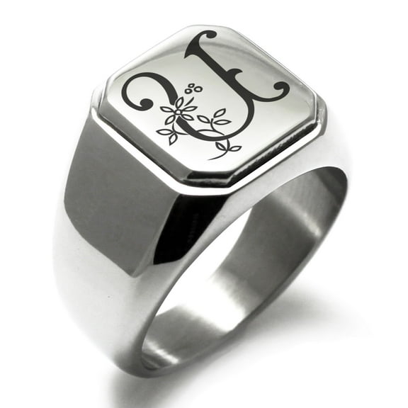 Stainless Steel Letter U Initial Floral Monogram Engraved Engraved Square Flat Top Biker Style Polished Signet Ring