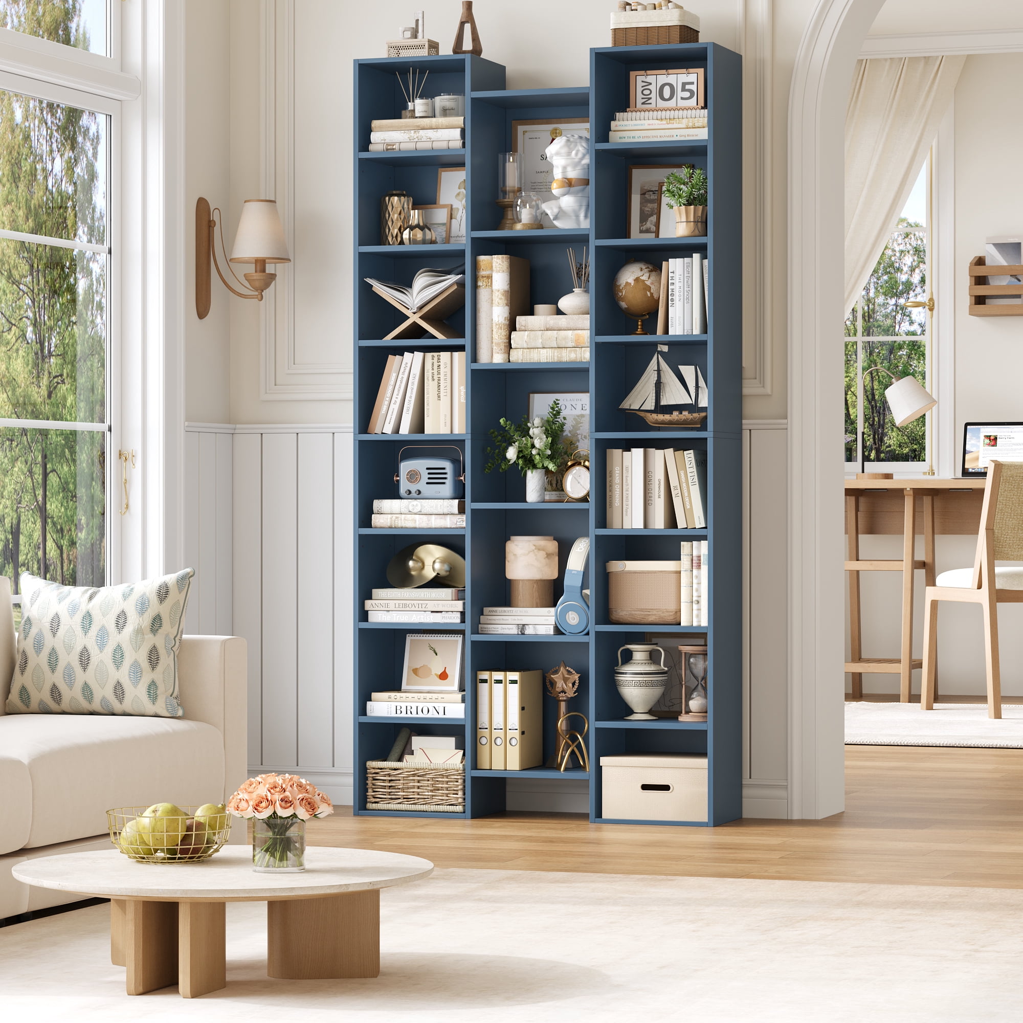 Homfa 2 Pieces Blue Bookshelves, 71’’ Tall Three Row Bookshelf with Adjustable Shelves, 21-Cubes CD Display Storage Organizer Shelf for Living Room Home Office