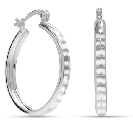 LeCalla 925 Sterling Silver Small Click-Top Hoop Earrings Lightweight Italian 3MM Diamond-Cut Round Classic Hoops Earring for Women 25MM