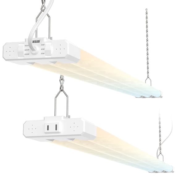 JESLED 4FT LED Shop Lights, White, 30W/40W/50W Adjustable, 4000K/5000K/6500K Selectable, 5400-7500LM, ETL, Commercial Linkable Utility LED Light for Garage, Ceiling & Suspension Mount, 2-Pack