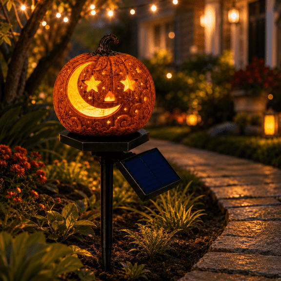 Halloween Solar Pumpkin Garden Stake Light, Resin Carved Jack O Lantern LED Yard Lamp, Outdoor Fall Decor for Lawn Pathway Thanksgiving