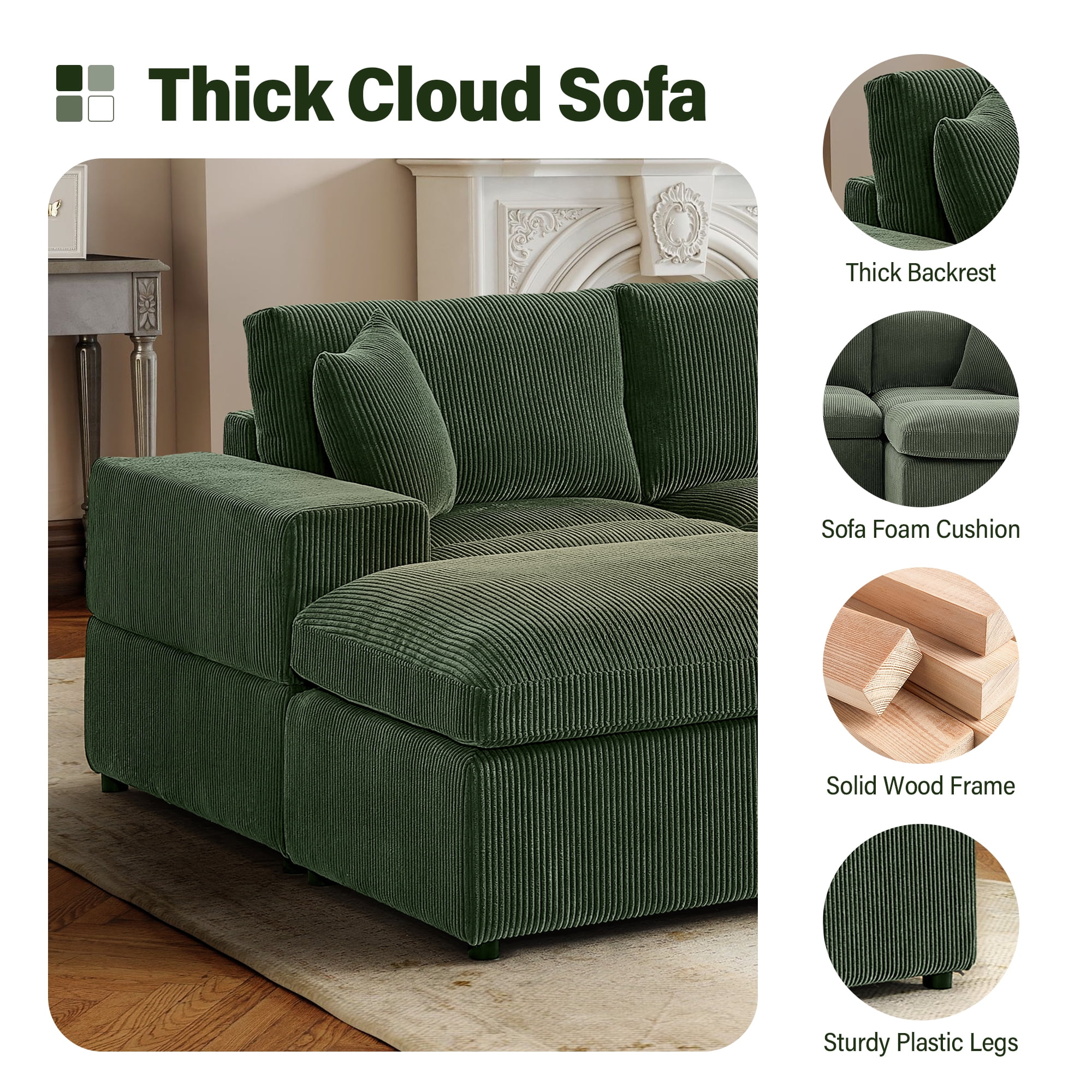 AENKYO U-Shaped Modular Sectional Sofa, Deep Seat Convertible Couch with Chaise for Living Room,Green