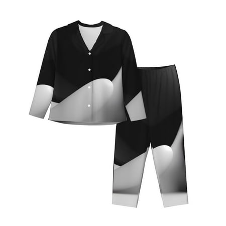 Salouo Black White Fluid Sculpture Pattern Women s Pajamas Set Long Sleeve Button Down Sleepwear Soft Pj Lounge Sets for women 2 Piece Pjs Set with Long Pants-Large
