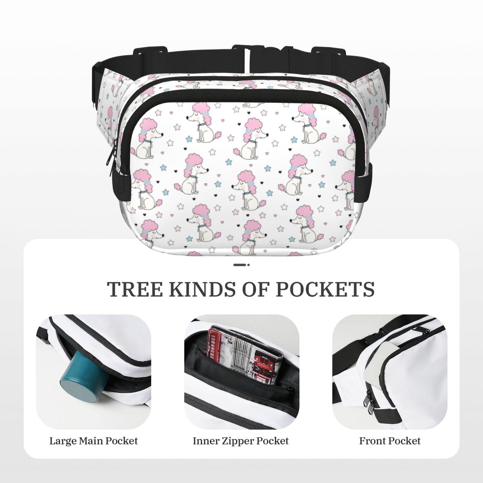 Picia Cute Poodle Dog Print Square Double-Layer Waist Bag Mini Adjustable Waist Belt Bag Exercise Running Travel Hiking