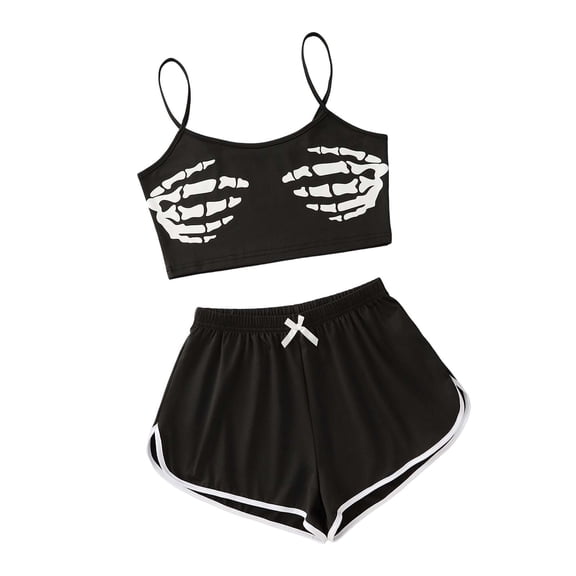 MEZZALL Halloween Pajamas for Women Soft Lightweight Spaghetti Strap Crop Cami Sleep Set Skeleton Hand Graphic Shorts Loungewear Set for Indoor Lounging Stylish 2 Piece Pjs