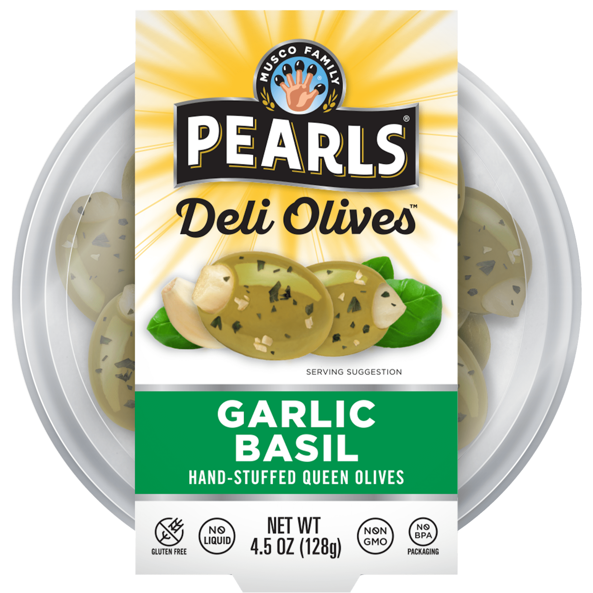 Pearls Deli Olives Garlic Stuffed Olives w/ Basil 4.5 oz Tub